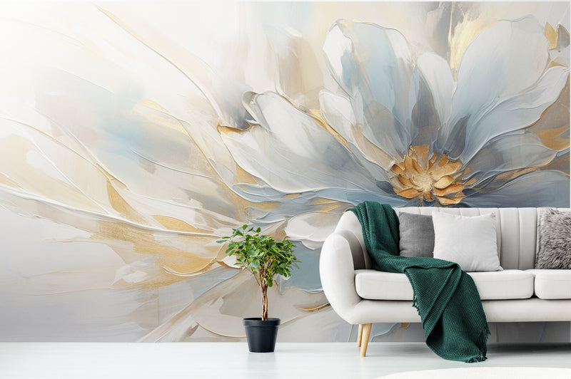 Extra large floral wallpaper, flowers wall mural peel and stick, blue gold wallpaper mural self adhesive, botanical removable wall mural, bedroom wallpaper (Copy)