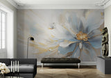 Extra large floral wallpaper, flowers wall mural peel and stick, blue gold wallpaper mural self adhesive, botanical removable wall mural, bedroom wallpaper