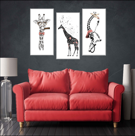 Moderne Wandkunst, Giraffen-Wandbilder auf Leinwand, trendige Wandkunst, Wohndekor, druckbares Wandkunst-Set von 3, Giraffengemälde