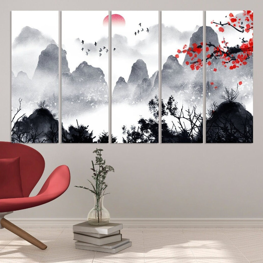 Sakura-Blüten im Freien Berge Wandkunst Home Wanddekoration Felsen und Berge 3-teiliger Rahmen Leinwand Berge Poster
