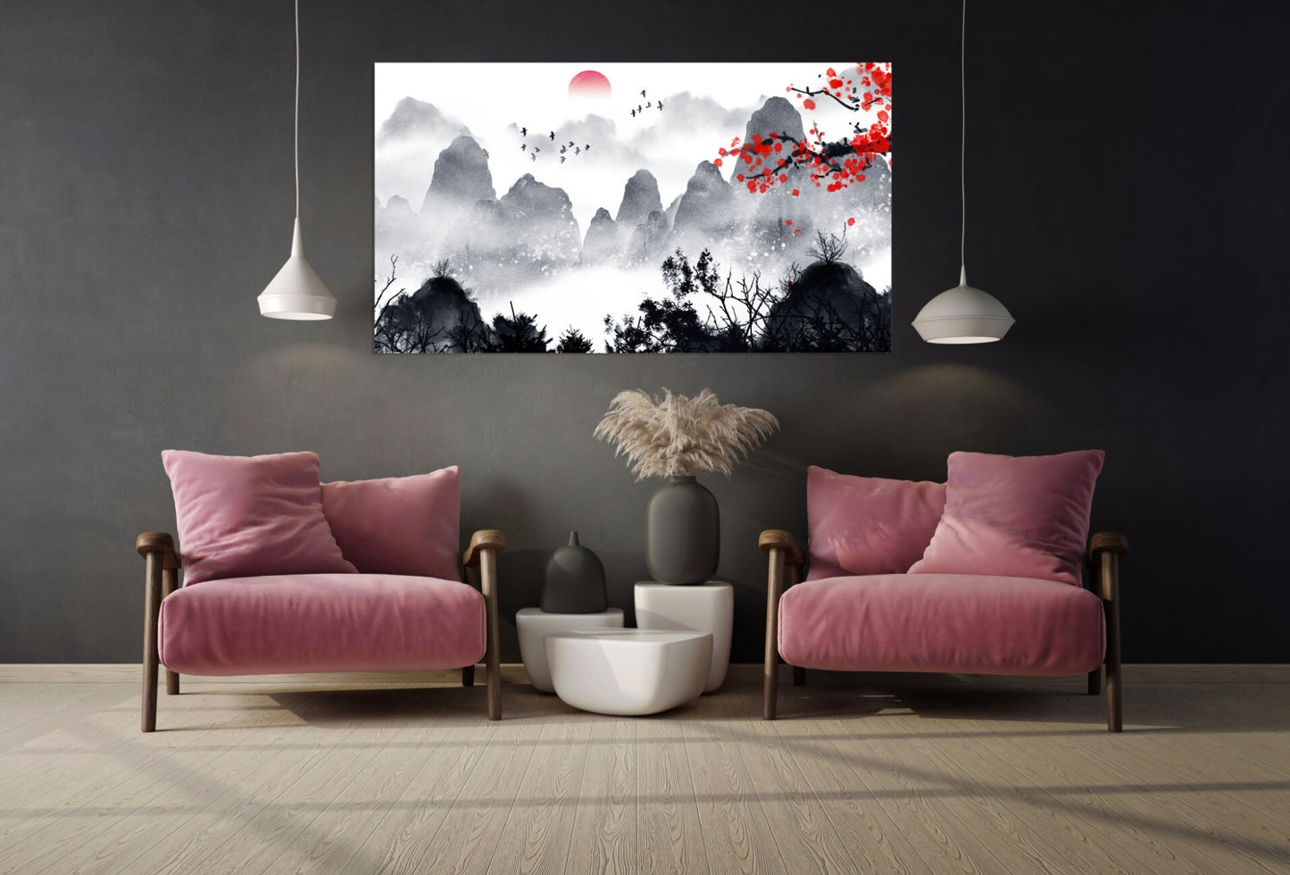 Sakura-Blüten im Freien Berge Wandkunst Home Wanddekoration Felsen und Berge 3-teiliger Rahmen Leinwand Berge Poster