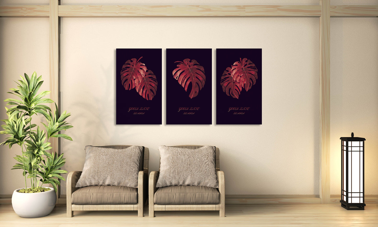 Monstera canvas , tropical wall decor, canvas painting , plant wall art, colorful red wall art, decorative gift, printable wall art set of 3