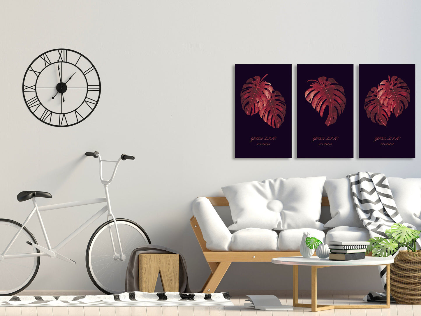 Monstera canvas , tropical wall decor, canvas painting , plant wall art, colorful red wall art, decorative gift, printable wall art set of 3