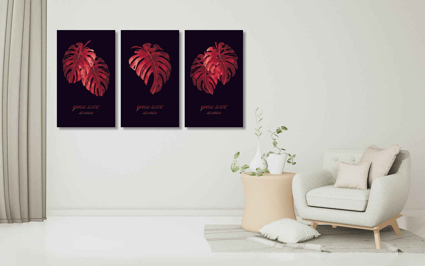Monstera canvas , tropical wall decor, canvas painting , plant wall art, colorful red wall art, decorative gift, printable wall art set of 3