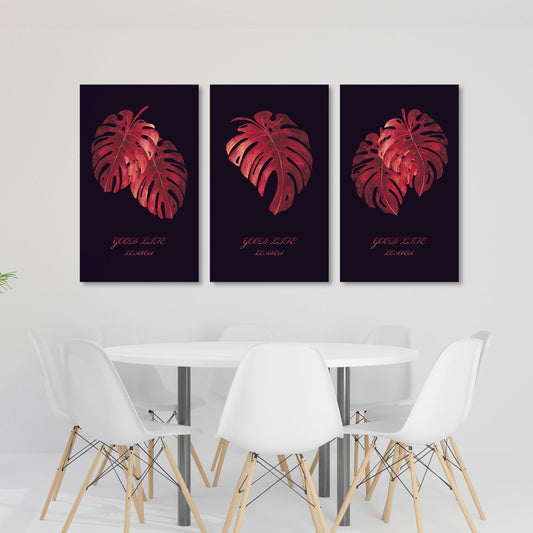 Monstera Leinwand, tropische Wanddekoration, Leinwandgemälde, Pflanzenwandkunst, bunte rote Wandkunst, dekoratives Geschenk, druckbares Wandkunst-Set von 3