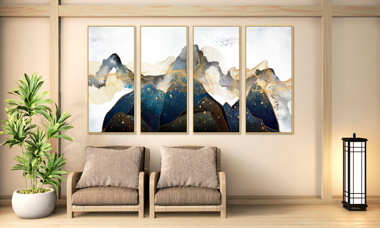 Abstraktes gerahmtes Leinwandbild mit blauen Bergen, großes druckbares Wandbild im Querformat in goldenem Schweberahmen, 3er-Set Kunstwerke für Zuhause
