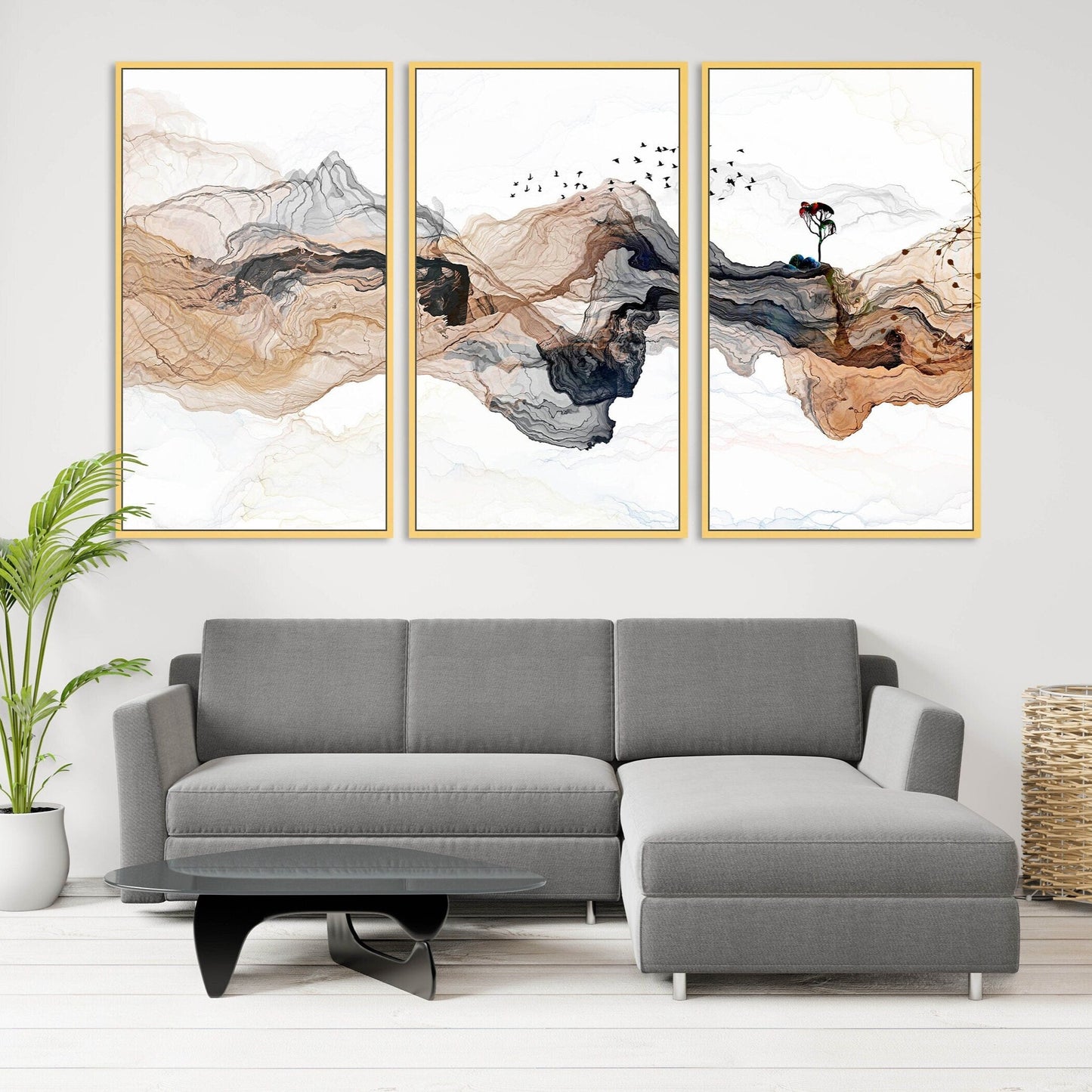 Abstrakte, moderne gerahmte Leinwand-Wandkunst, mehrteilige, extra große Druck-Wandkunst in goldenem Schweberahmen, 3er-Set Wandkunst zum Einzug