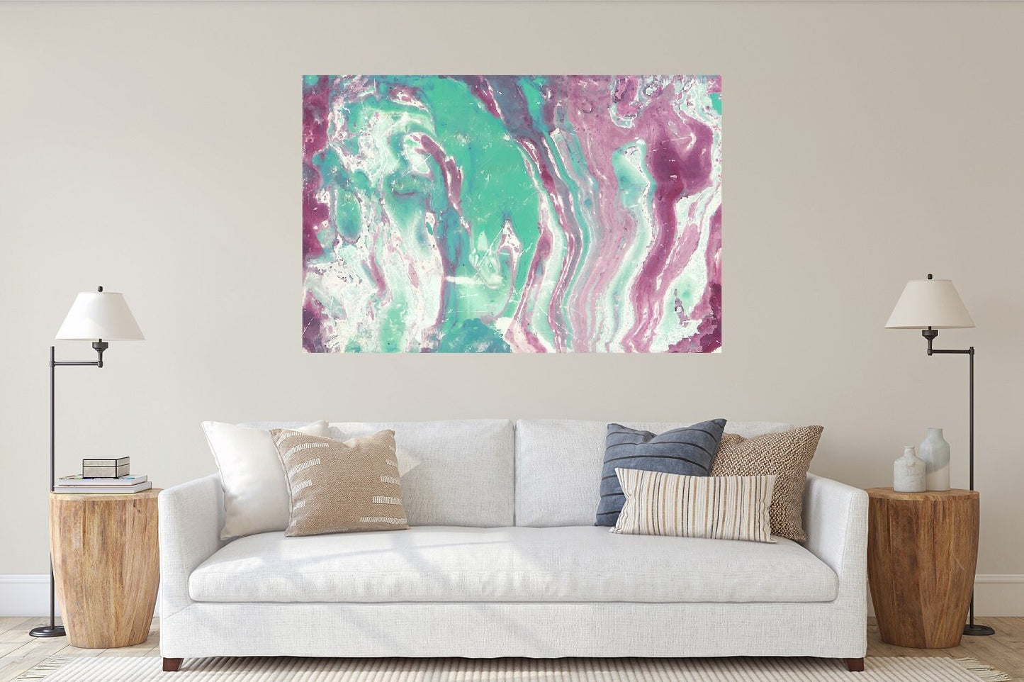 Abstract wave painting on canvas, colorful floating frame print, large blue purple minimalist printable artwork, colorful modern art gift