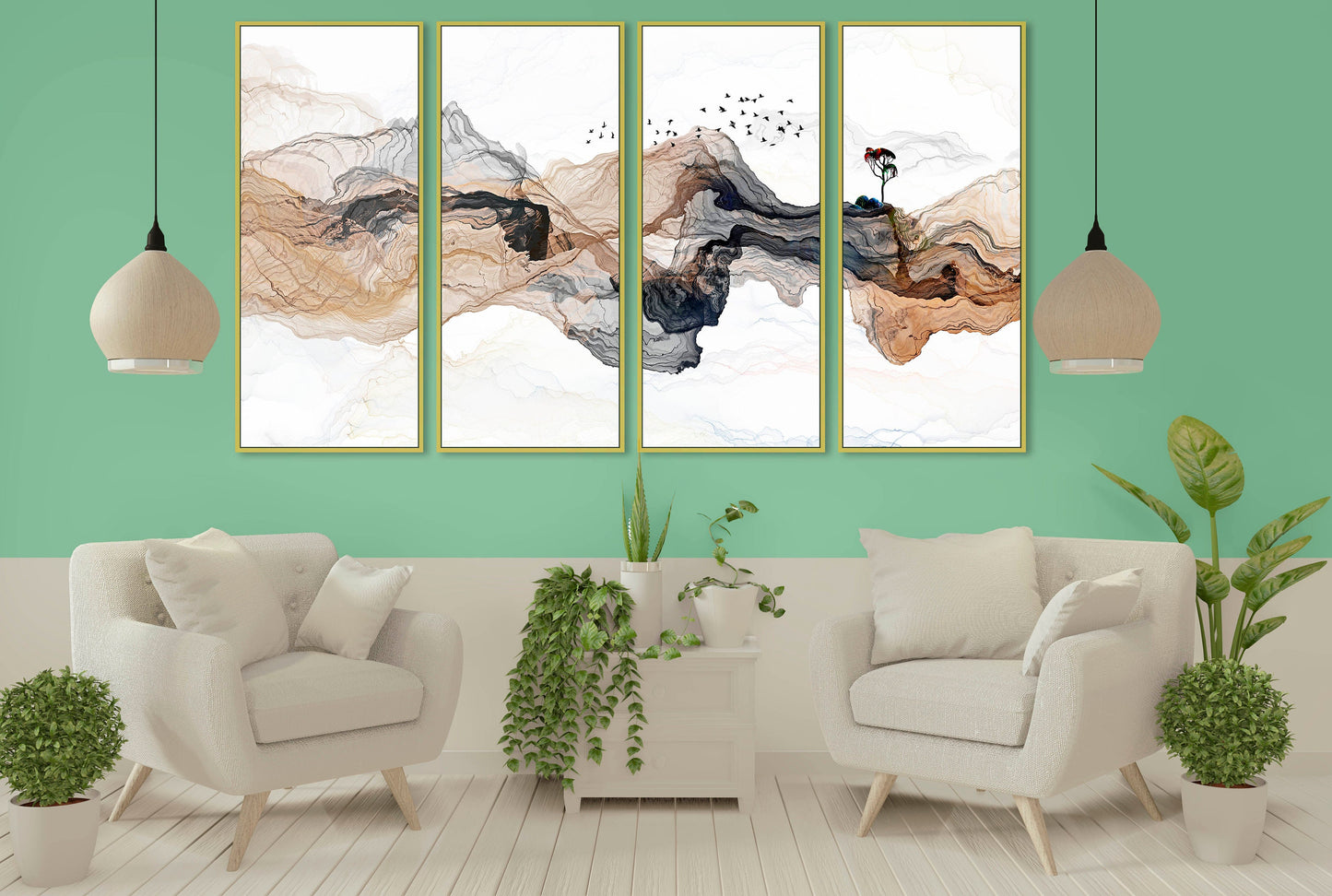 Abstrakte, moderne gerahmte Leinwand-Wandkunst, mehrteilige, extra große Druck-Wandkunst in goldenem Schweberahmen, 3er-Set Wandkunst zum Einzug