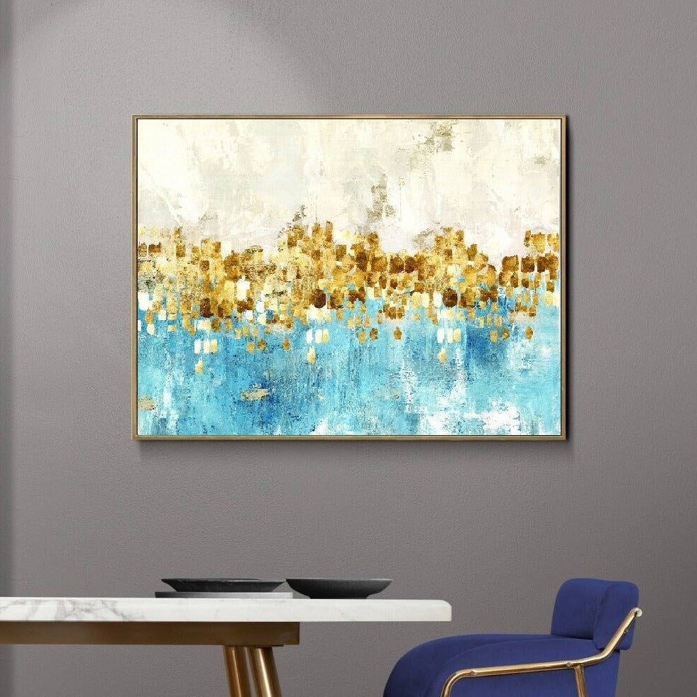 Großer weiß-blauer Leinwanddruck, abstraktes schwebendes Rahmen-Wandbild, minimalistisches Kunstwerk zur Wohnungserwärmung, abstraktes gerahmtes druckbares Wandbild