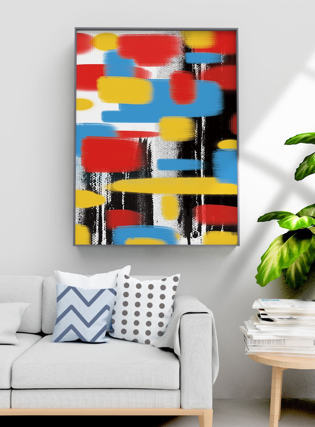 Abstract brush stroke framed canvas wall art, colorful floating frame canvas print, modern multi colored hanging wall decor for living room