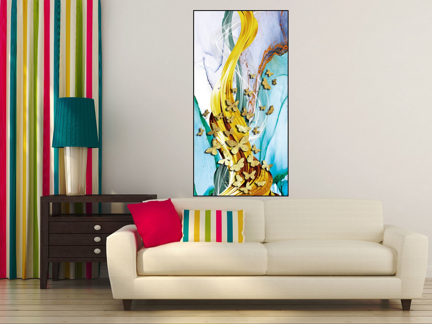 Großes Schmetterlings-Wandbild, abstraktes Kunstwerk im Floater-Rahmen, goldener Schmetterlings-Leinwanddruck, gerahmtes Wohnzimmer-Wandbild, farbenfrohes Kunstwerk