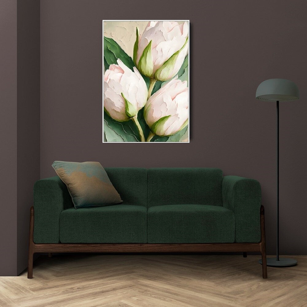 Großes florales gerahmtes Wandbild, Tulpen-Leinwanddruck im Floater-Rahmen, vertikales Ölgemälde zum Aufhängen als Wanddekoration, druckbares botanisches Kunstwerk