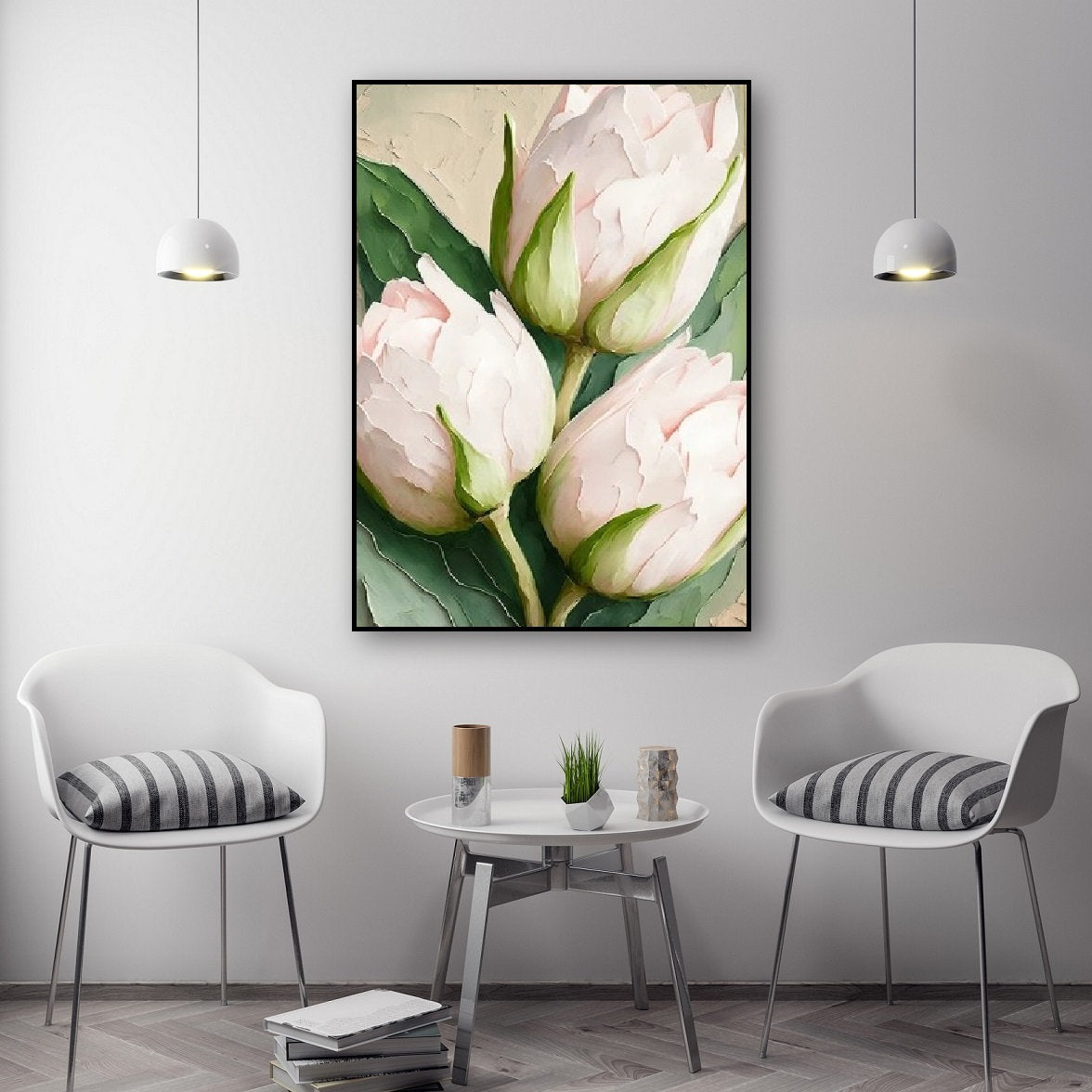 Großes florales gerahmtes Wandbild, Tulpen-Leinwanddruck im Floater-Rahmen, vertikales Ölgemälde zum Aufhängen als Wanddekoration, druckbares botanisches Kunstwerk
