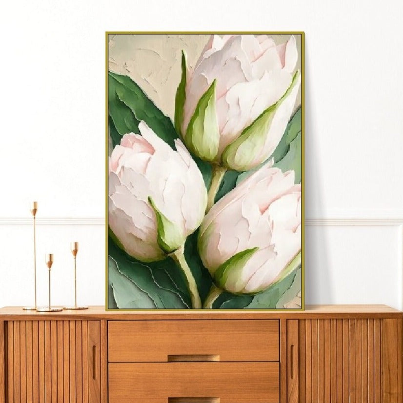 Großes florales gerahmtes Wandbild, Tulpen-Leinwanddruck im Floater-Rahmen, vertikales Ölgemälde zum Aufhängen als Wanddekoration, druckbares botanisches Kunstwerk