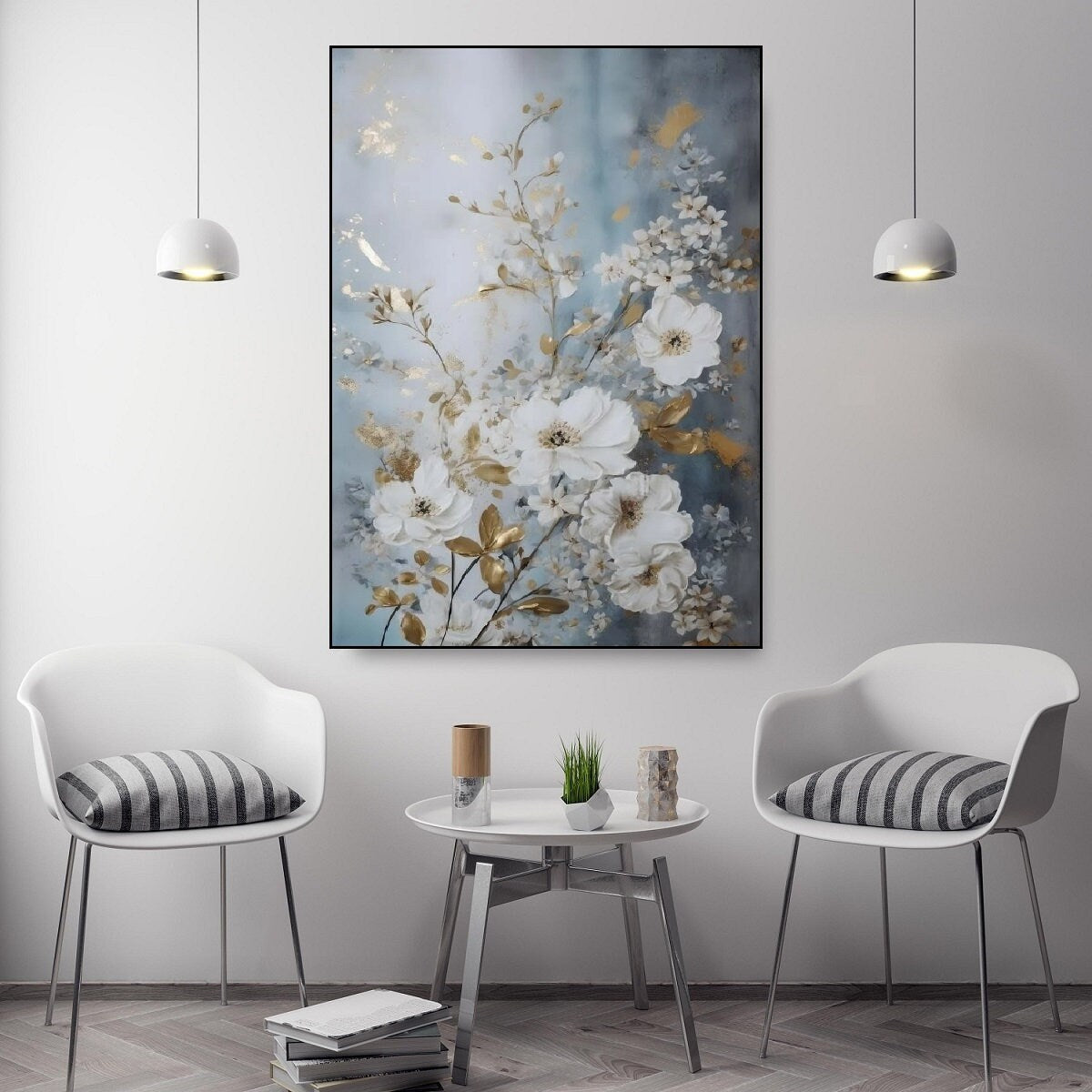 Großes florales Aquarell-Wandbild, Wildblumen-Kunstwerk im schwebenden Rahmen, weißer Blumen-Leinwanddruck, blau-weißes Schlafzimmer-gerahmtes Wandbild