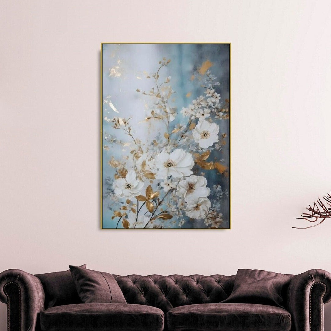 Großes florales Aquarell-Wandbild, Wildblumen-Kunstwerk im schwebenden Rahmen, weißer Blumen-Leinwanddruck, blau-weißes Schlafzimmer-gerahmtes Wandbild