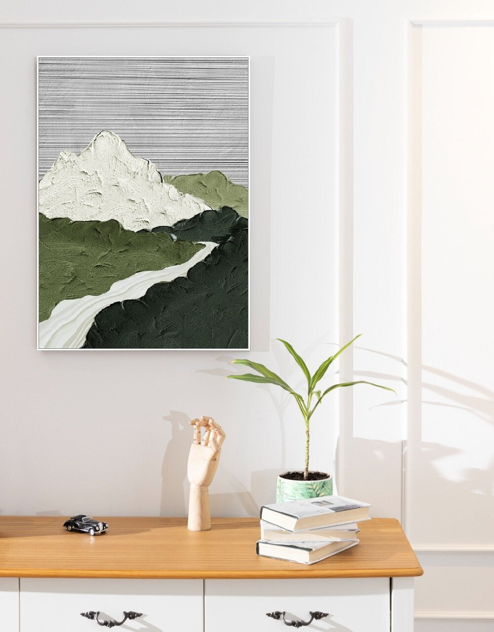Großes Ölgemälde auf Leinwand, schwebender Rahmen, Berge, Wandkunst, abstrakte Landschaft, hängende Wanddekoration, grün-graues Wohnzimmer-Kunstwerk