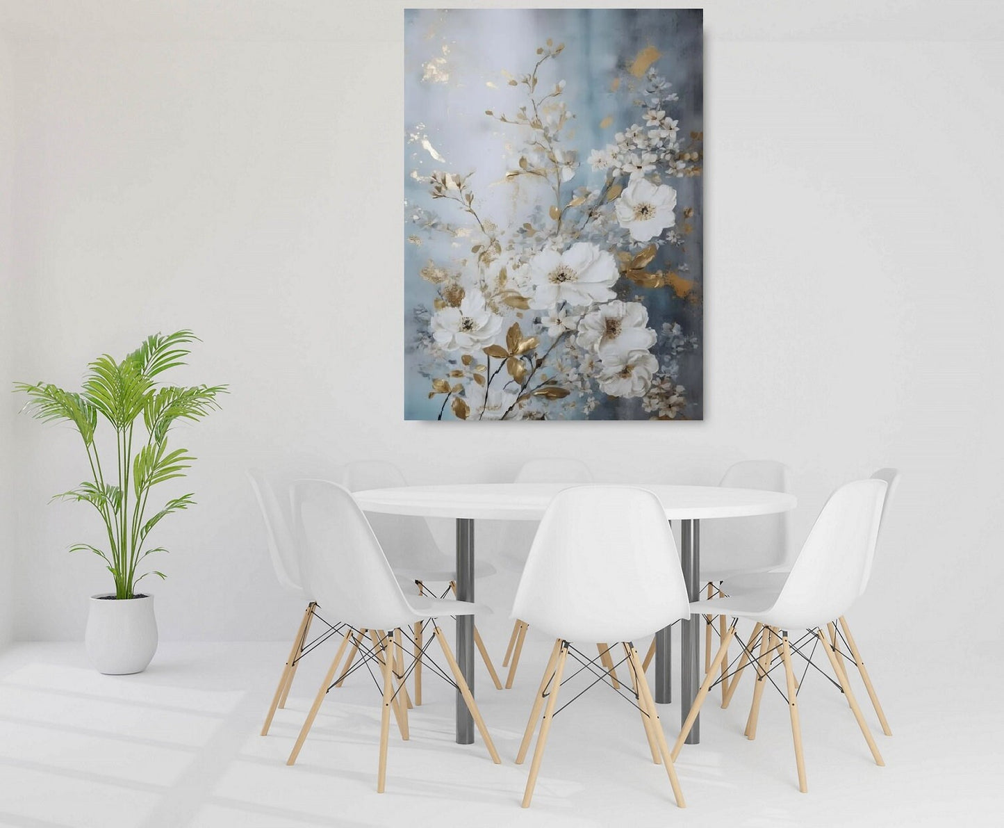 Großes florales Aquarell-Wandbild, Wildblumen-Kunstwerk im schwebenden Rahmen, weißer Blumen-Leinwanddruck, blau-weißes Schlafzimmer-gerahmtes Wandbild