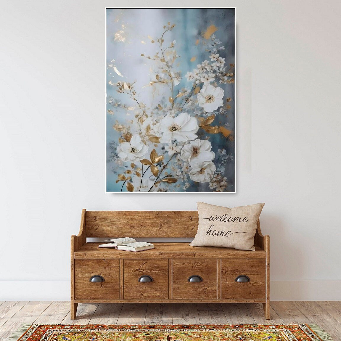 Großes florales Aquarell-Wandbild, Wildblumen-Kunstwerk im schwebenden Rahmen, weißer Blumen-Leinwanddruck, blau-weißes Schlafzimmer-gerahmtes Wandbild