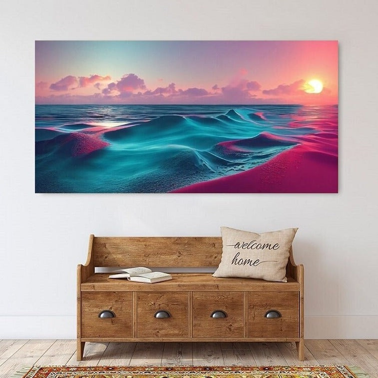 Großes Meeresbild, Wellen-Leinwanddruck, maritime Wandkunst im Floater-Rahmen, blau-rosa Kunstwerk, druckbares maritimes Bild fürs Wohnzimmer