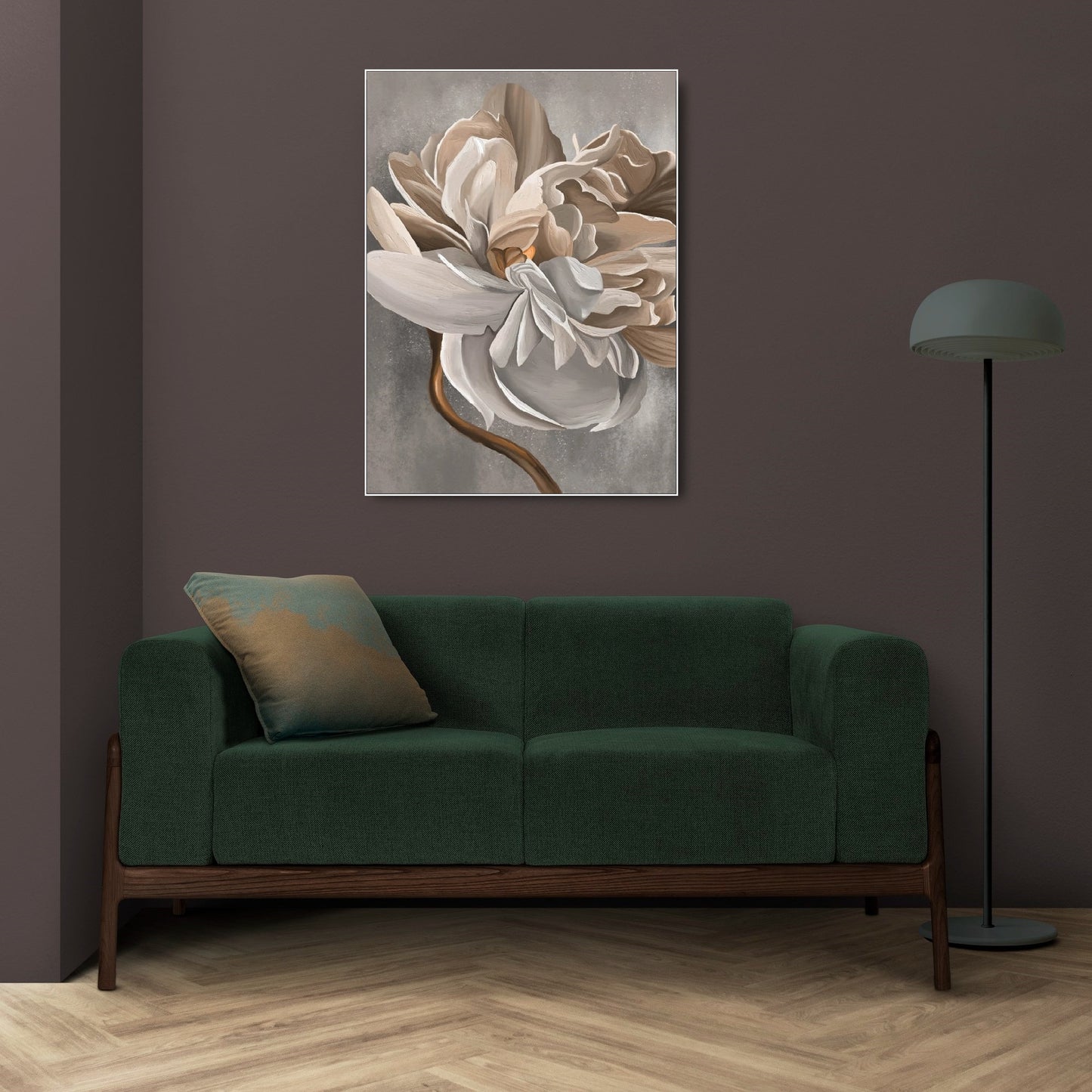 Florale gerahmte Wandkunst, großes Ölgemälde mit schwebendem Rahmen, großer Blumen-Leinwanddruck, beige Wohnzimmer-Wandkunst, druckbares Wildblumen-Kunstwerk