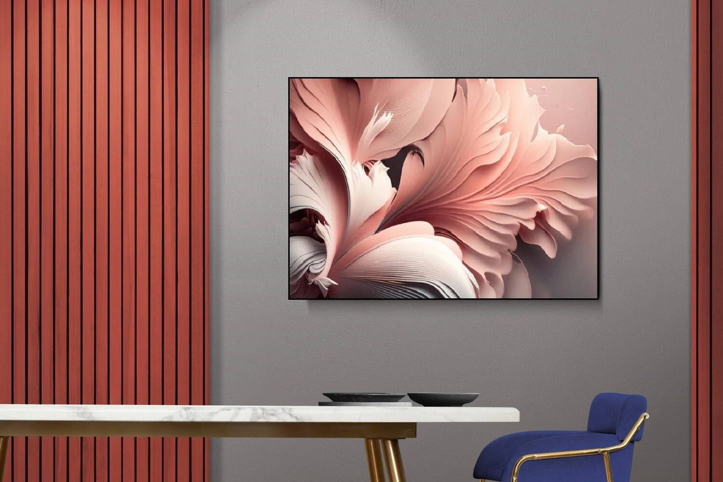 Große florale Wandkunst, schwebender Rahmen mit Blütenblättern auf Leinwand, rosa hängende Wandkunst, modernes gerahmtes Kunstwerk, Schlafzimmerwandkunst mit Blumen