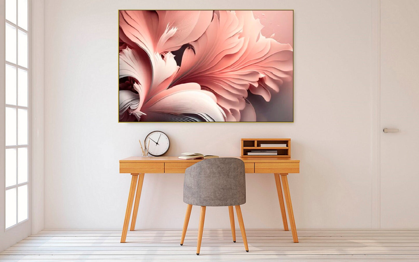 Große florale Wandkunst, schwebender Rahmen mit Blütenblättern auf Leinwand, rosa hängende Wandkunst, modernes gerahmtes Kunstwerk, Schlafzimmerwandkunst mit Blumen
