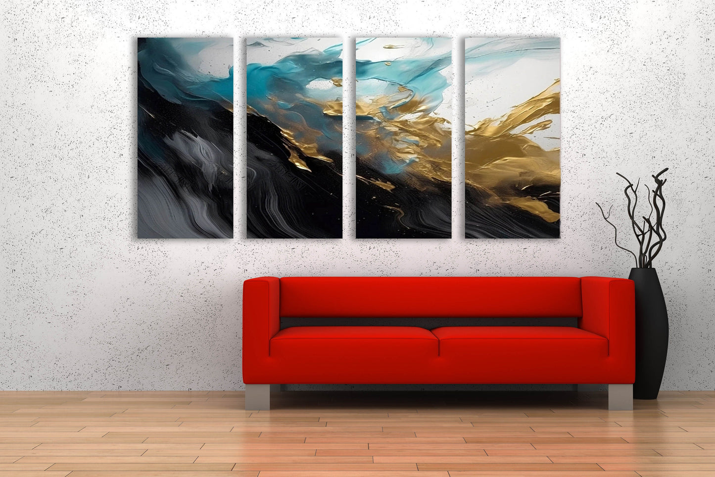 Abstraktes mehrteiliges Wandbild, schwarz-goldener Leinwanddruck, großes druckbares Kunstwerk, dreiteiliger Leinwanddruck, konzeptuelle Schlafzimmer-Wandkunst