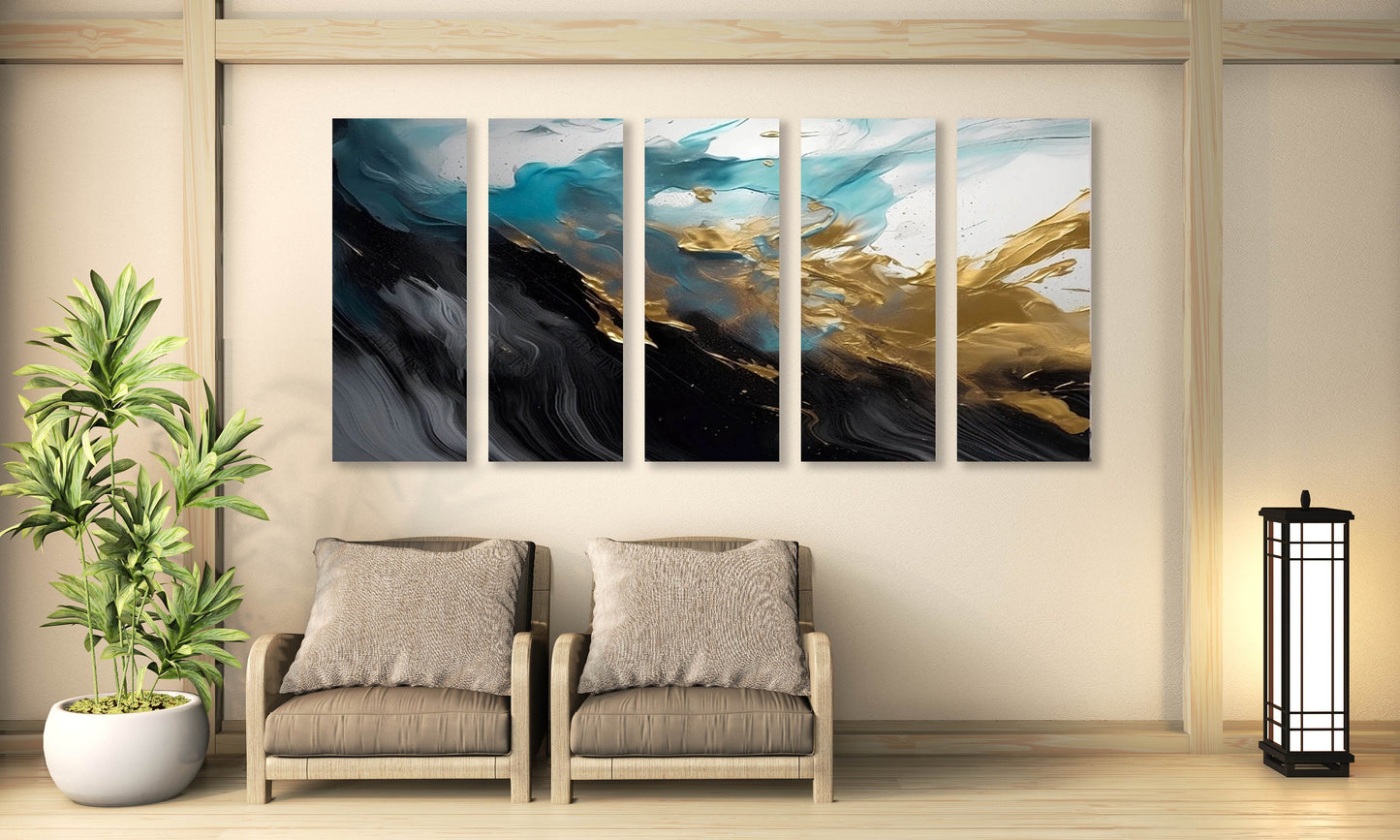 Abstraktes mehrteiliges Wandbild, schwarz-goldener Leinwanddruck, großes druckbares Kunstwerk, dreiteiliger Leinwanddruck, konzeptuelle Schlafzimmer-Wandkunst