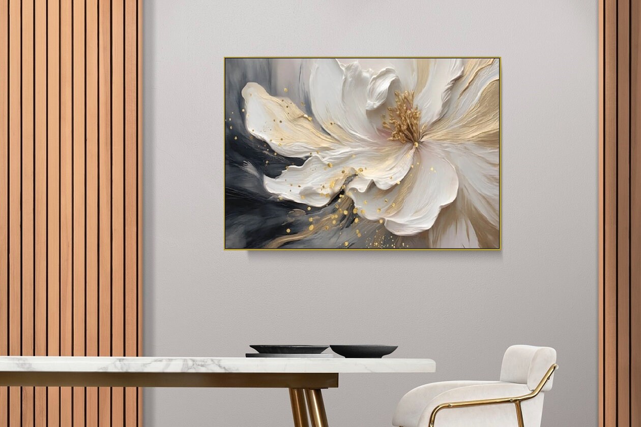 Floral large canvas wall art, floater frame watercolor artwork, printable framed white flower wall art, botanical bedroom hanging wall decor