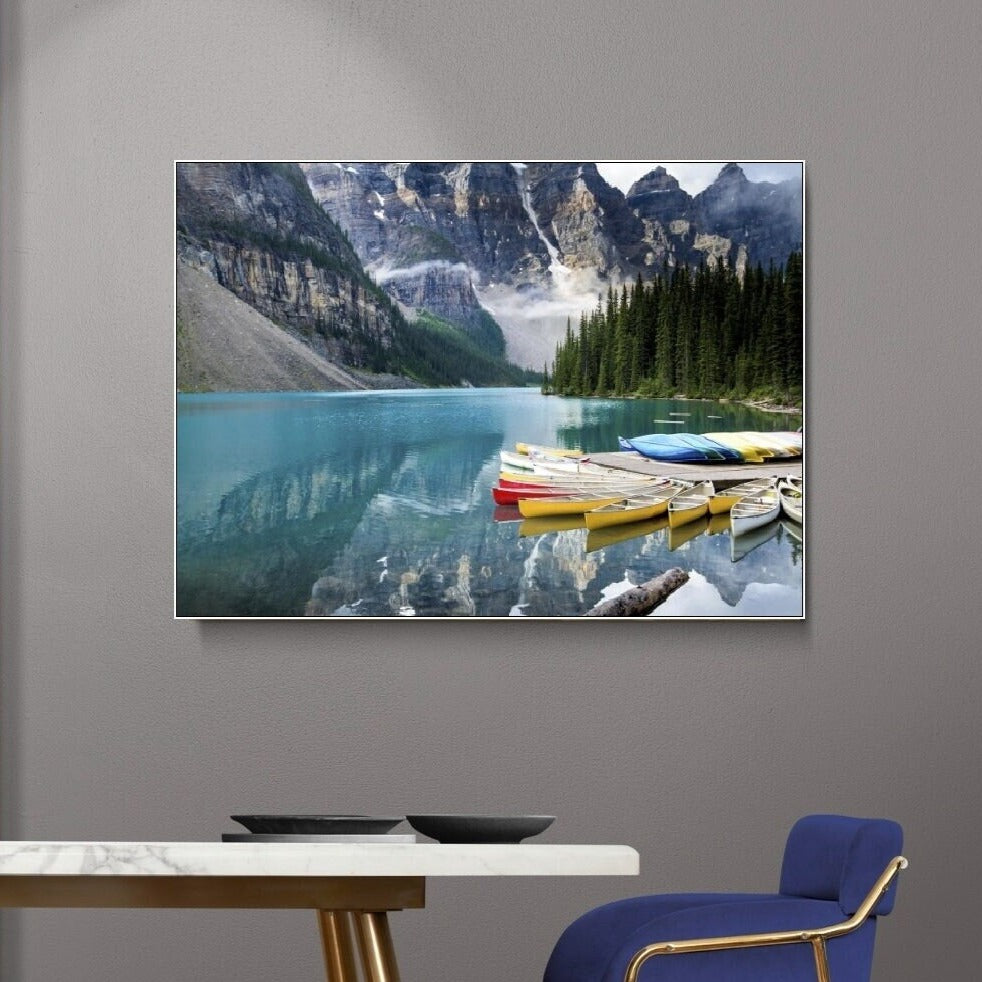 Wunderschöne Landschaftswandkunst, Leinwanddruck mit schwebendem Rahmen und Bergen, druckbares Flusskunstwerk, Natur-Wanddekor, Wohnzimmerwandkunst