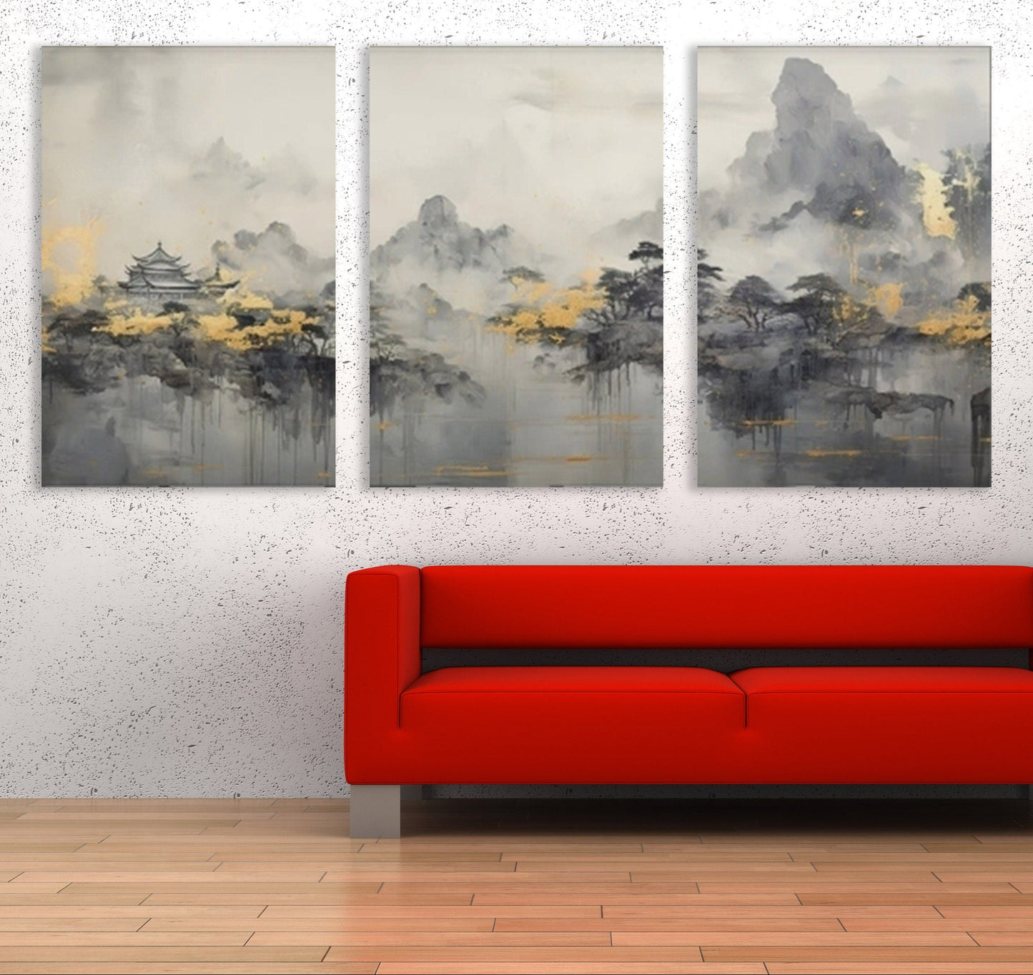 Großes Landschaftsbild, mehrteiliger Leinwanddruck, druckbares japanisches Kunstwerk, 3er-Set, graues Schlafzimmer-Wandbild, Kunstwerk zum Verschenken