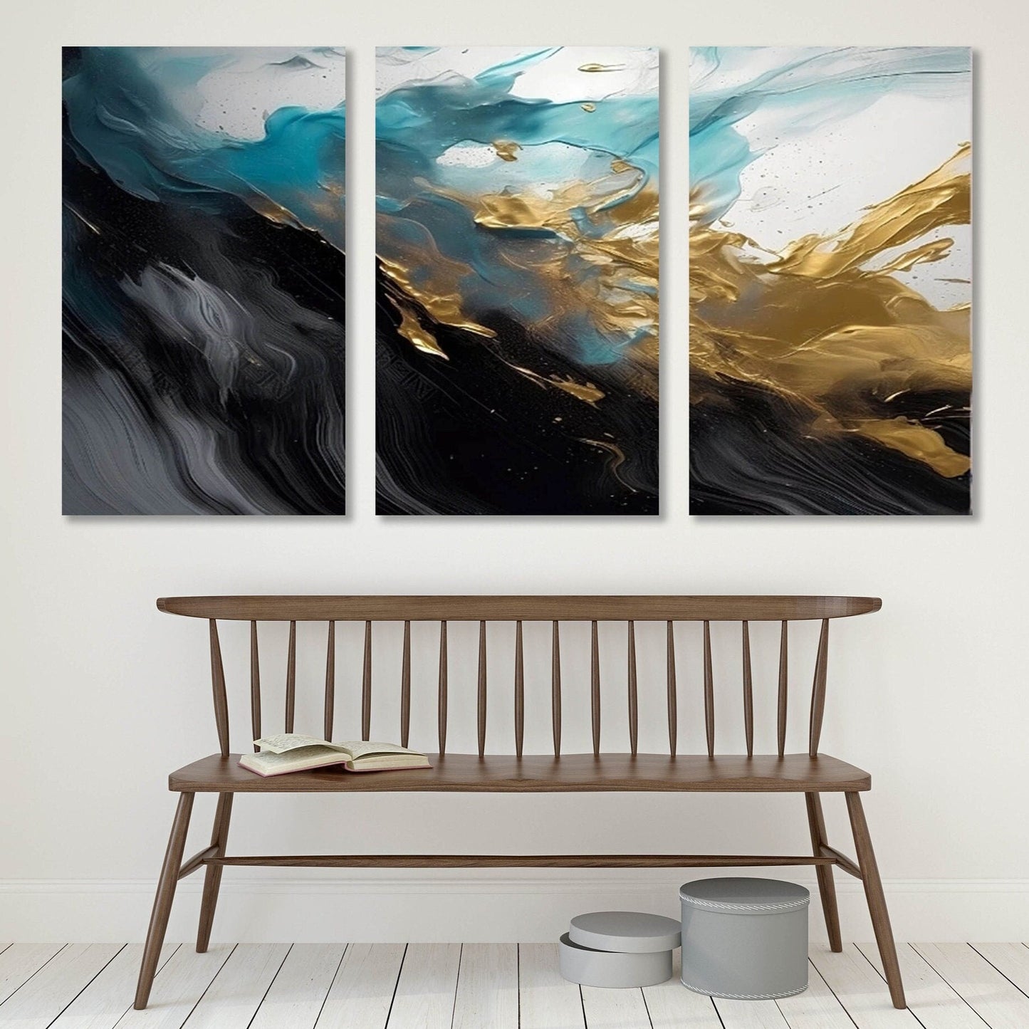 Abstraktes mehrteiliges Wandbild, schwarz-goldener Leinwanddruck, großes druckbares Kunstwerk, dreiteiliger Leinwanddruck, konzeptuelle Schlafzimmer-Wandkunst