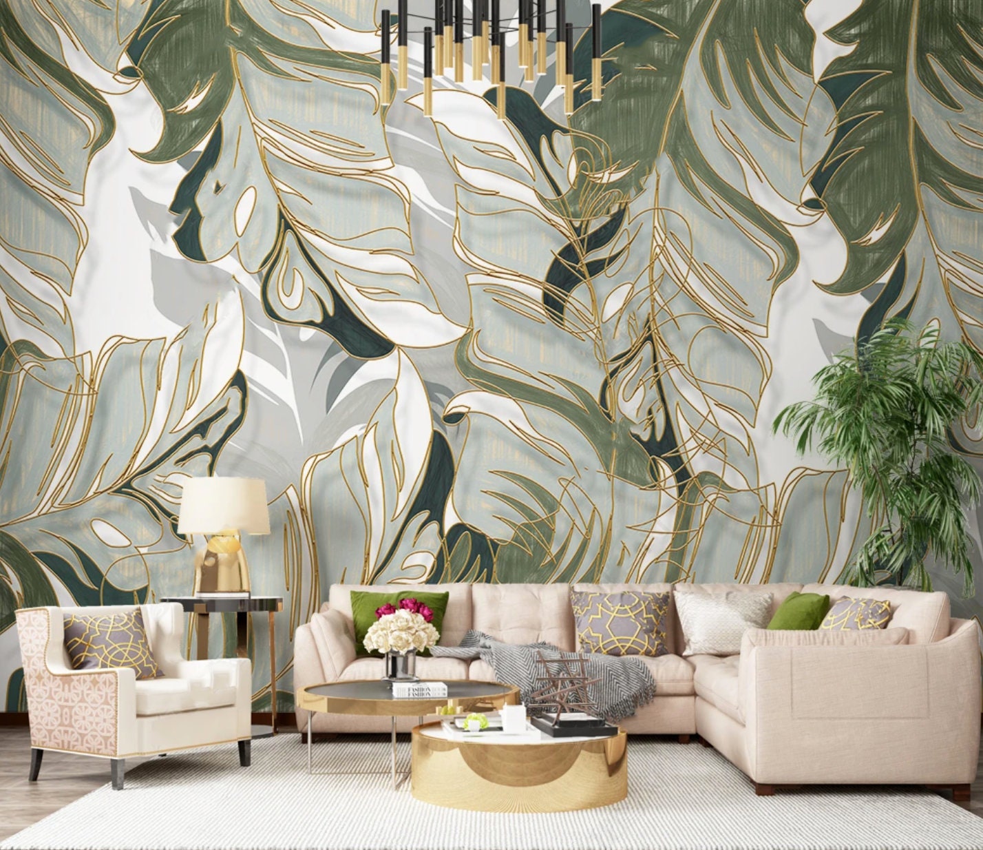Herb prints wall art Peel and stick Self adhesive mural Tropical art Home wall decor Textured wallpaper Green watercolor leaves clip art