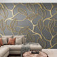 Golden leaves wall mural, abstract grey and gold wallpaper, botanical peel and stick wall mural, removable wallpaper, self adhesive wall mural for bedroom