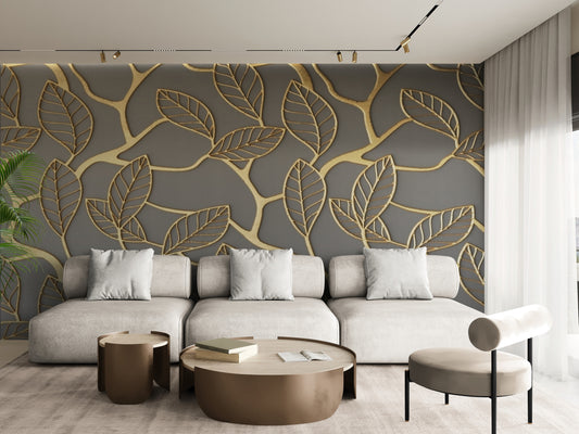 Golden leaves wall mural, abstract grey and gold wallpaper, botanical peel and stick wall mural, removable wallpaper, self adhesive wall mural for bedroom