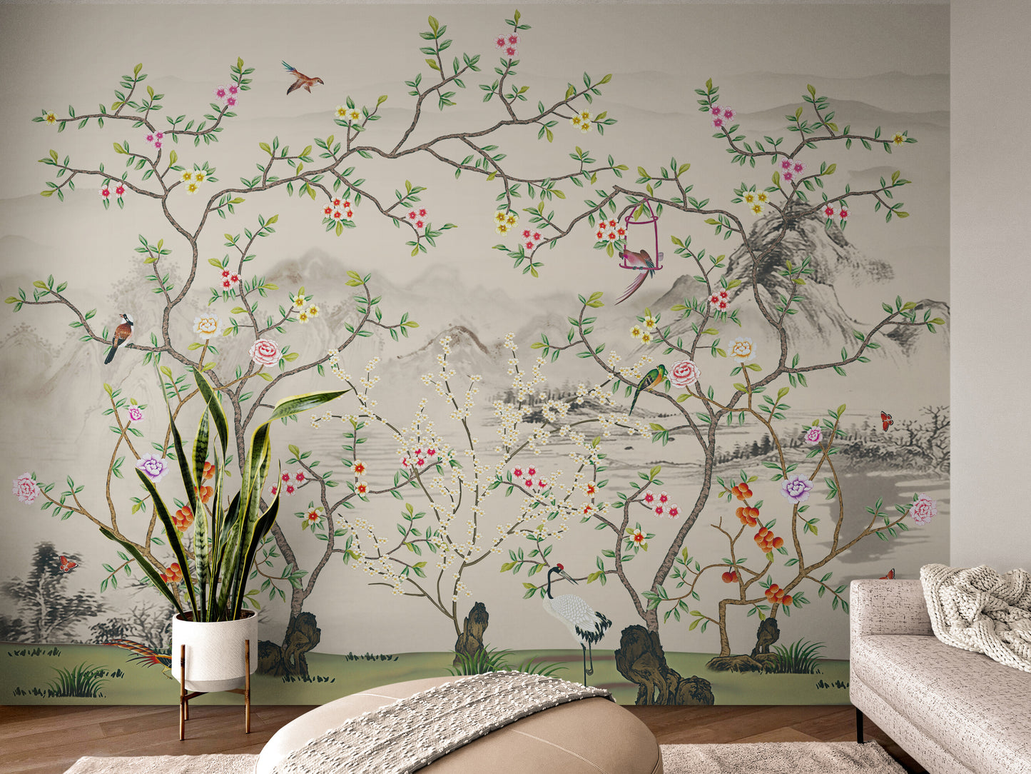 Chinoiserie wallpaper mural, Peel and stick botanical wallpaper, Self adhesive birds wallpaper, Extra large nature wall mural