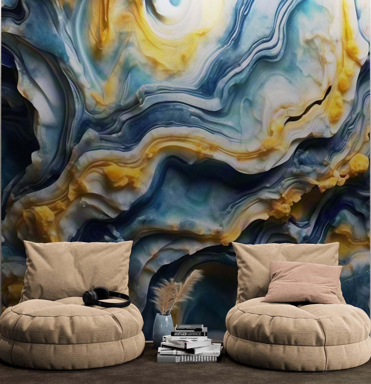 Extra large abstract wallpaper, 3d effect wallpaper mural, blue and yellow wall mural, removable wallpaper, accent wall mural