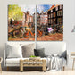 Vintage wall art paintings on canvas, home decor, city multi panel wall art, canvas print, trendy wall art, city street art bicycle wall art