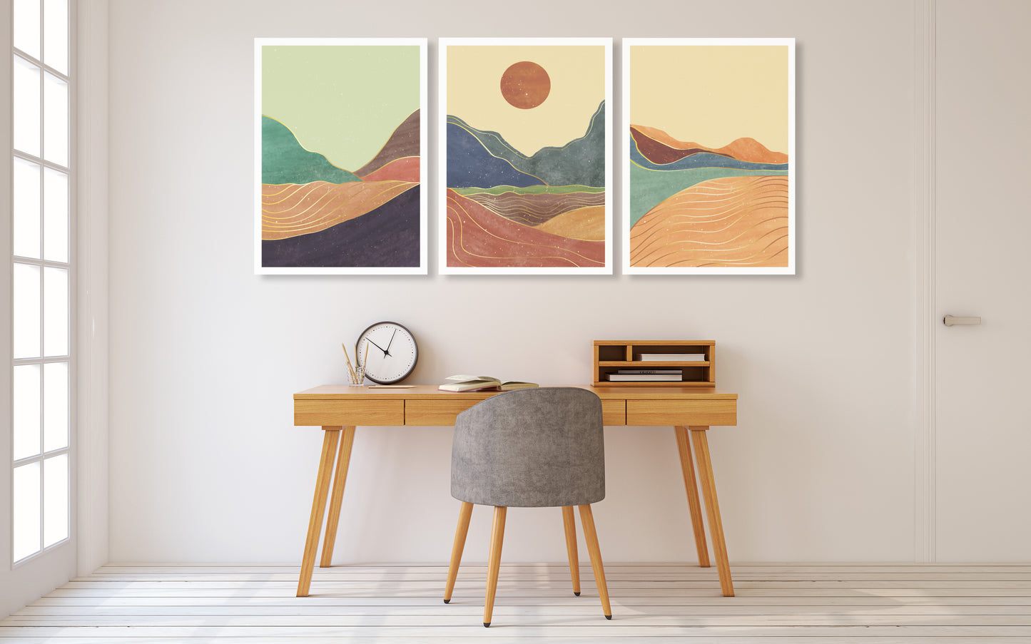 Mid century modern abstract mountain wall art canvas, printable wall art set of 3, minimalist wall art, geometric canvas painting