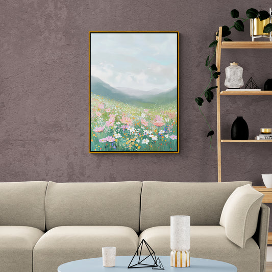 Panoramic art print, framed mountains artwork, modern floral canvas print, gift for her, living room wall art