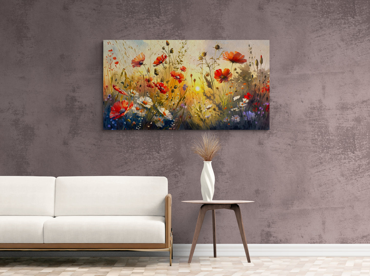 Framed floral wall art, canvas print with poppies, floral field wall art, red poppy artwork, botanical wall art