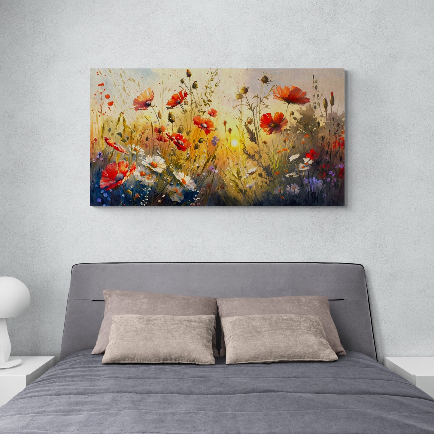 Framed floral wall art, canvas print with poppies, floral field wall art, red poppy artwork, botanical wall art