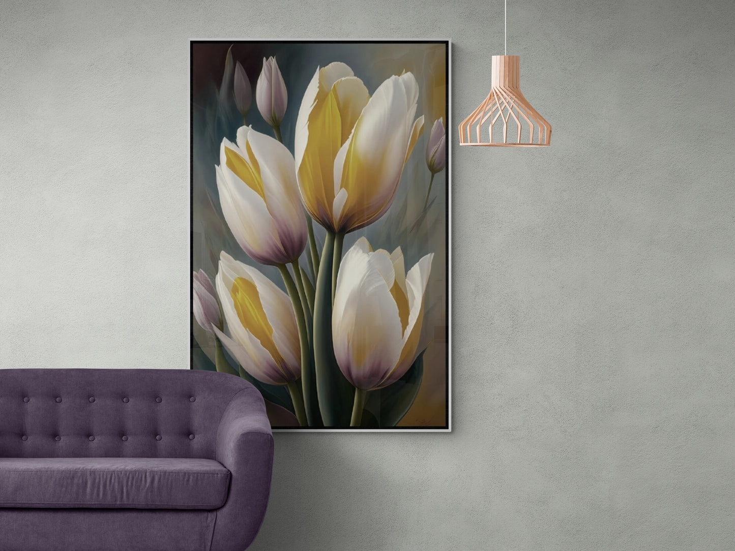 Large tulips wall art, floral canvas print, printable framed artwork, white flowers wall art, botanical floater frame living room wall art