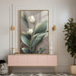 Weiße Tulpen Leinwanddruck, große florale Wandkunst, druckbares schwebendes Rahmenbild, gerahmter botanischer Leinwanddruck, Wohnzimmer Wandkunst