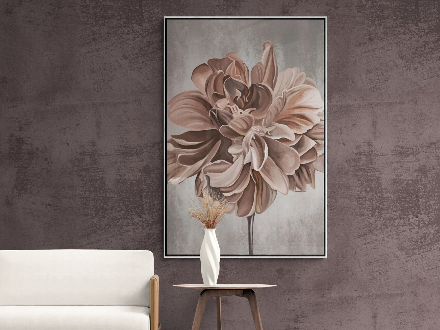 Large floral wall art, beige flower canvas print, floating frame artwork, modern printable wall art, watercolor art print, bedroom artwork