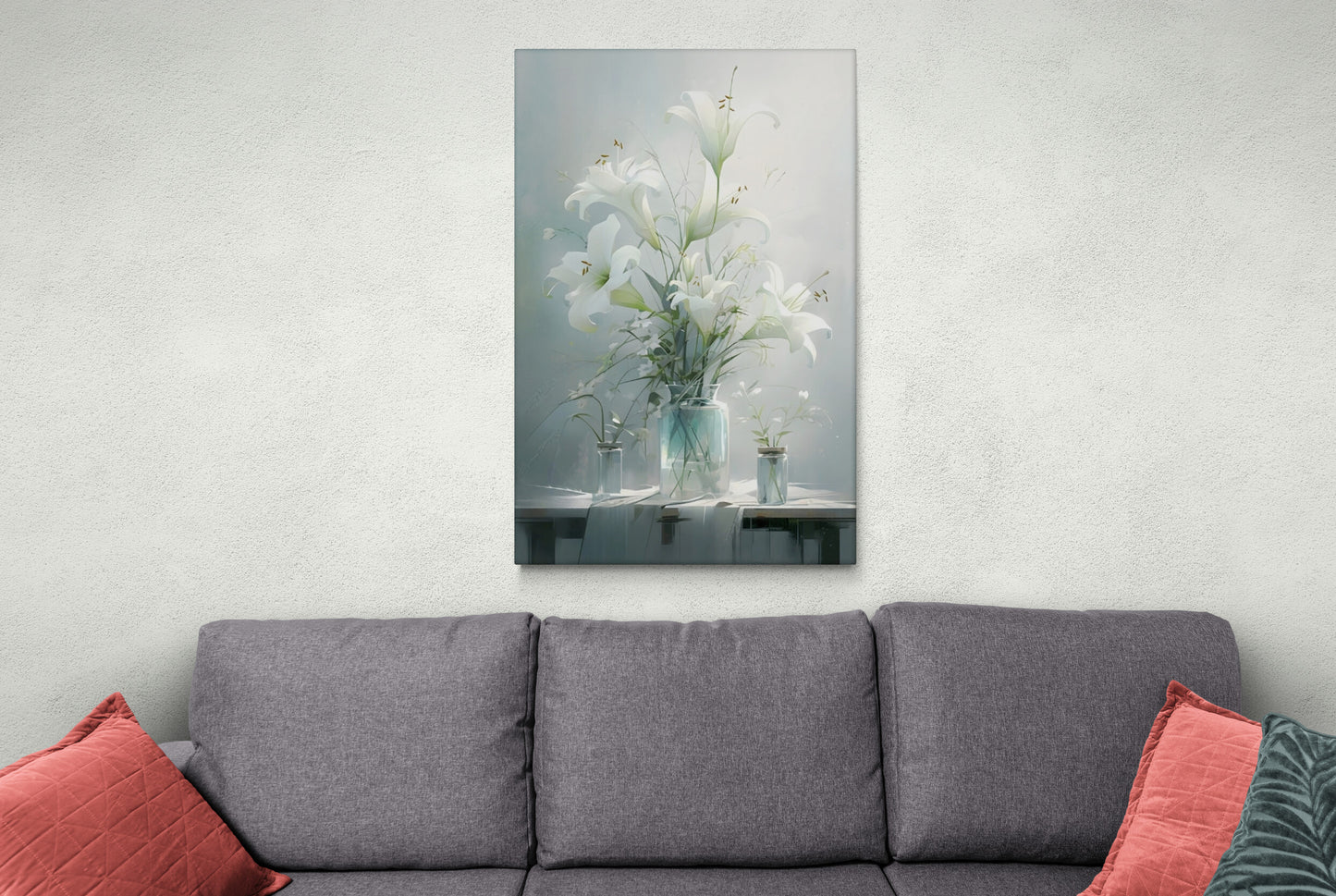 Floral bouquet wall art, floater frame lilies canvas print, modern printable white flowers artwork, calm living room wall art, large artwork