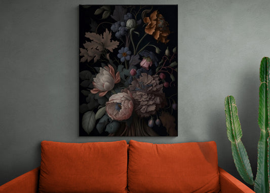 Extra large peony wall art, dark flowers print in floater frame, botanical canvas print, printed floral artwork, bedroom canvas print