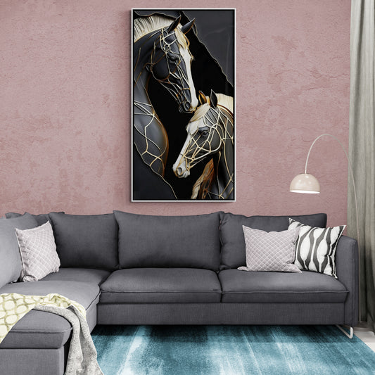 Horses canvas print, large framed animal wall art, printable couple horses artwork, black white living room wall art, stylish gift wall art